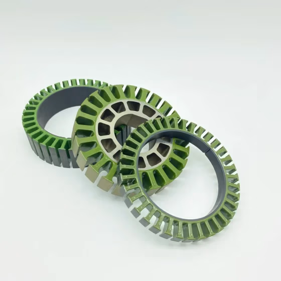 “Stator core production process showing silicon steel lamination